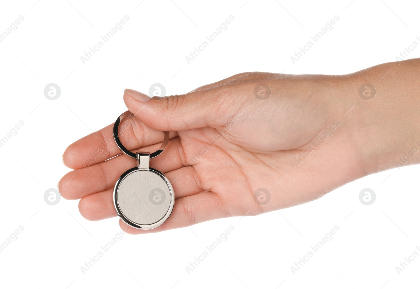 Photo of Woman holding metallic keychain on white background, closeup