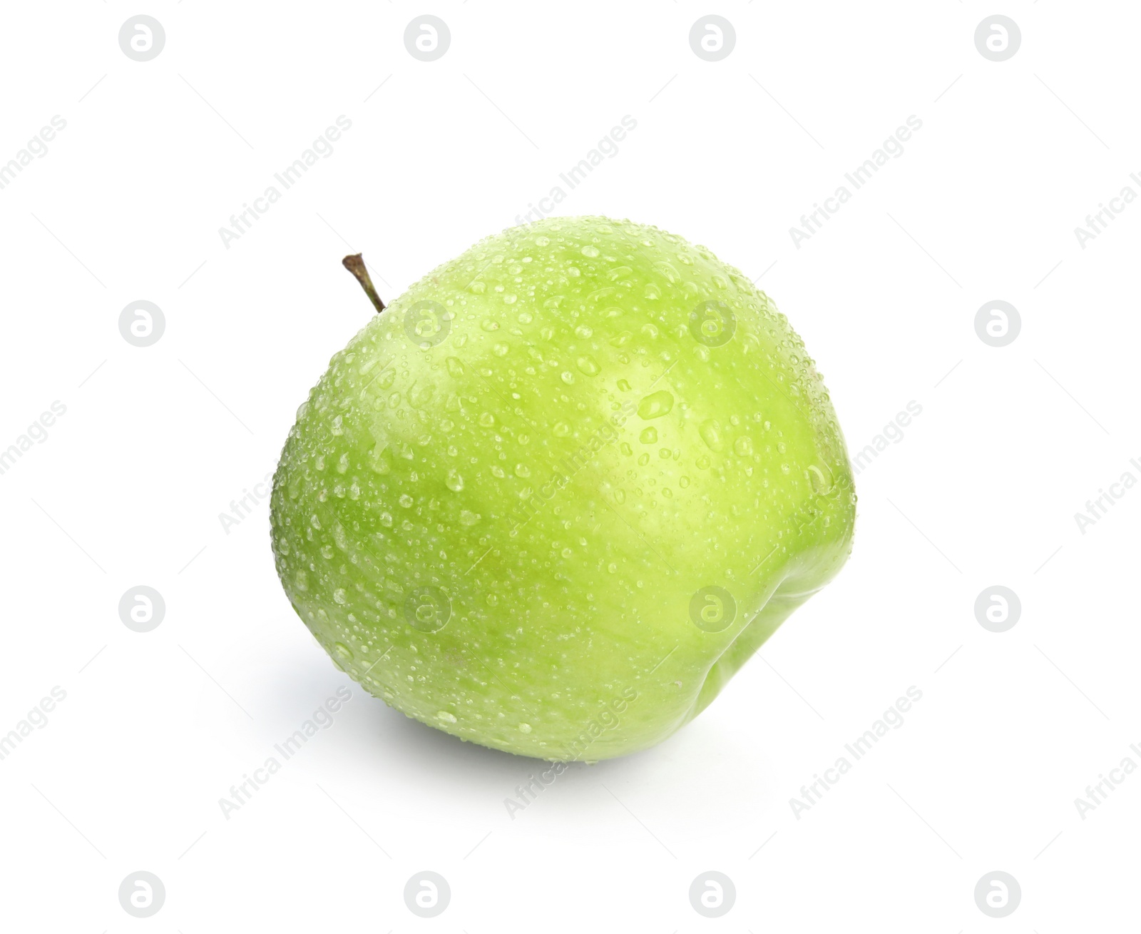 Photo of Fresh ripe green apple with water drops on white background