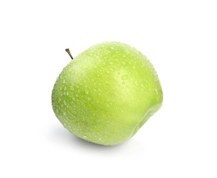 Fresh ripe green apple with water drops on white background