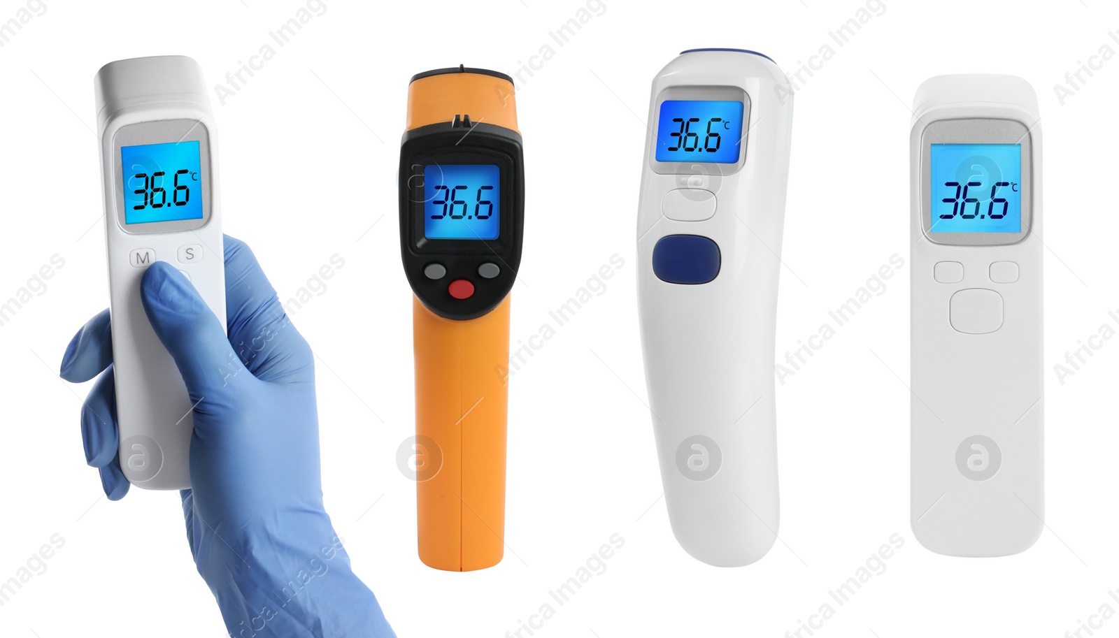 Image of Infrared thermometers on white background, collage. Checking temperature during Covid-19 pandemic