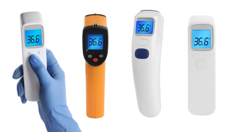 Infrared thermometers on white background, collage. Checking temperature during Covid-19 pandemic