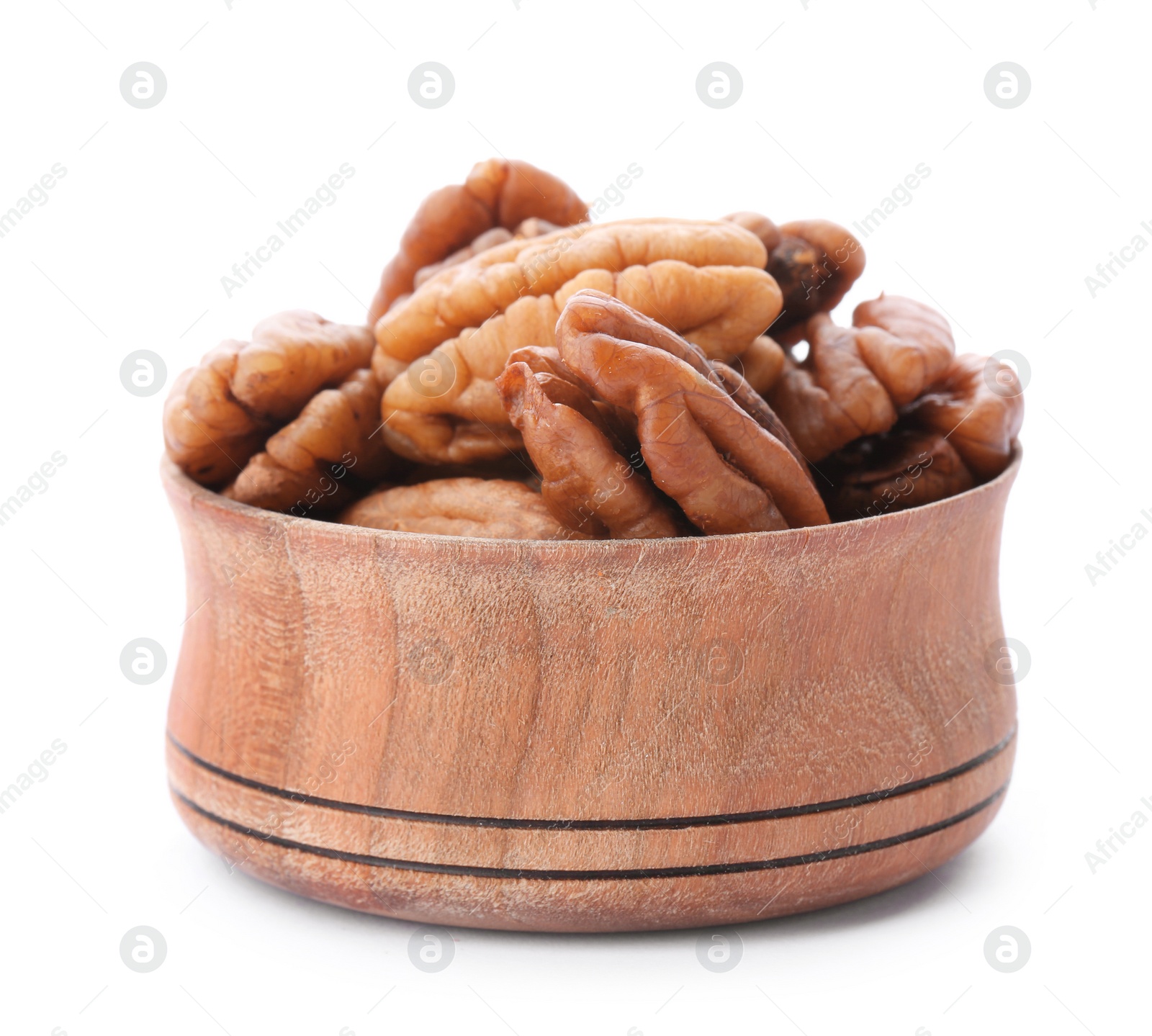 Photo of Ripe shelled pecan nuts in bowl on white background