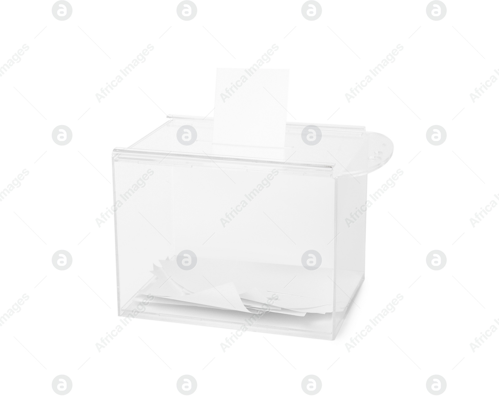 Photo of Transparent ballot box with vote isolated on white