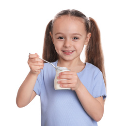 Cute little girl with tasty yogurt on white background