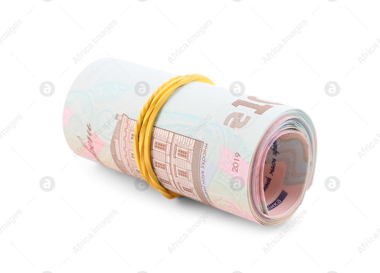 Photo of Roll of Ukrainian money on white background