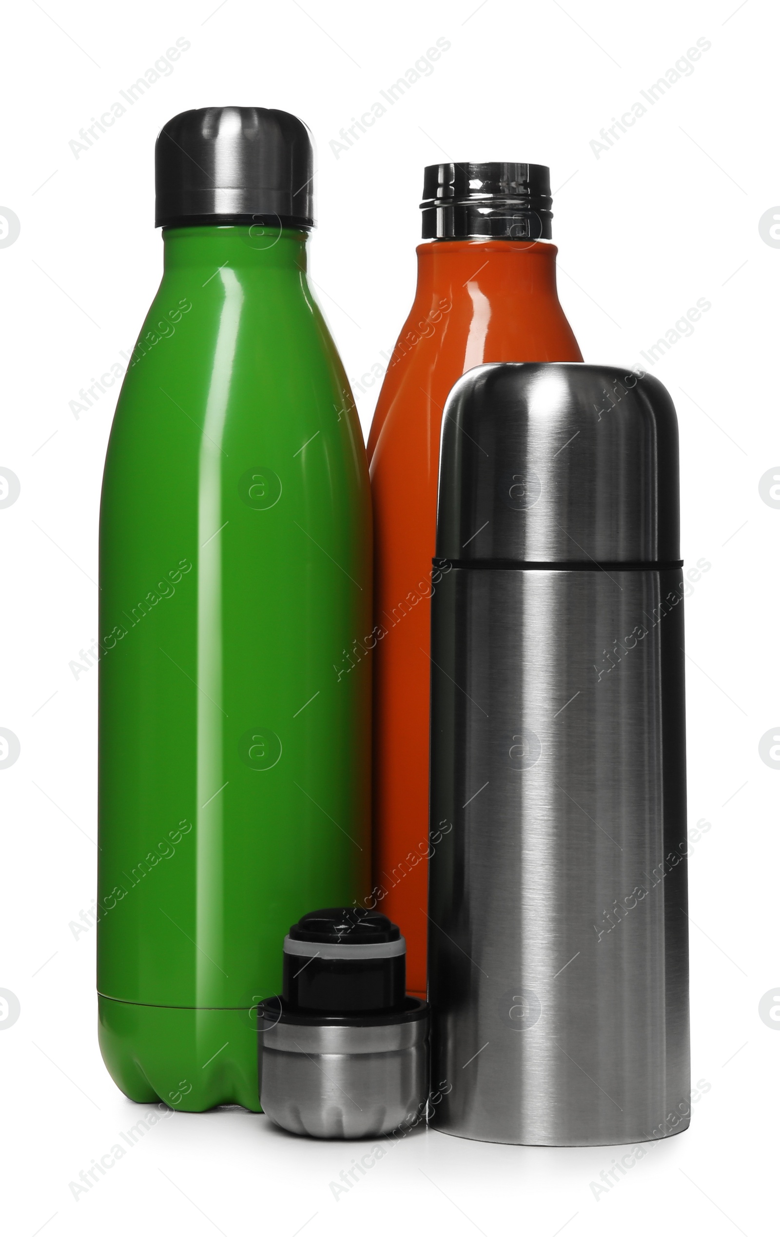 Photo of Different stylish thermo bottles isolated on white