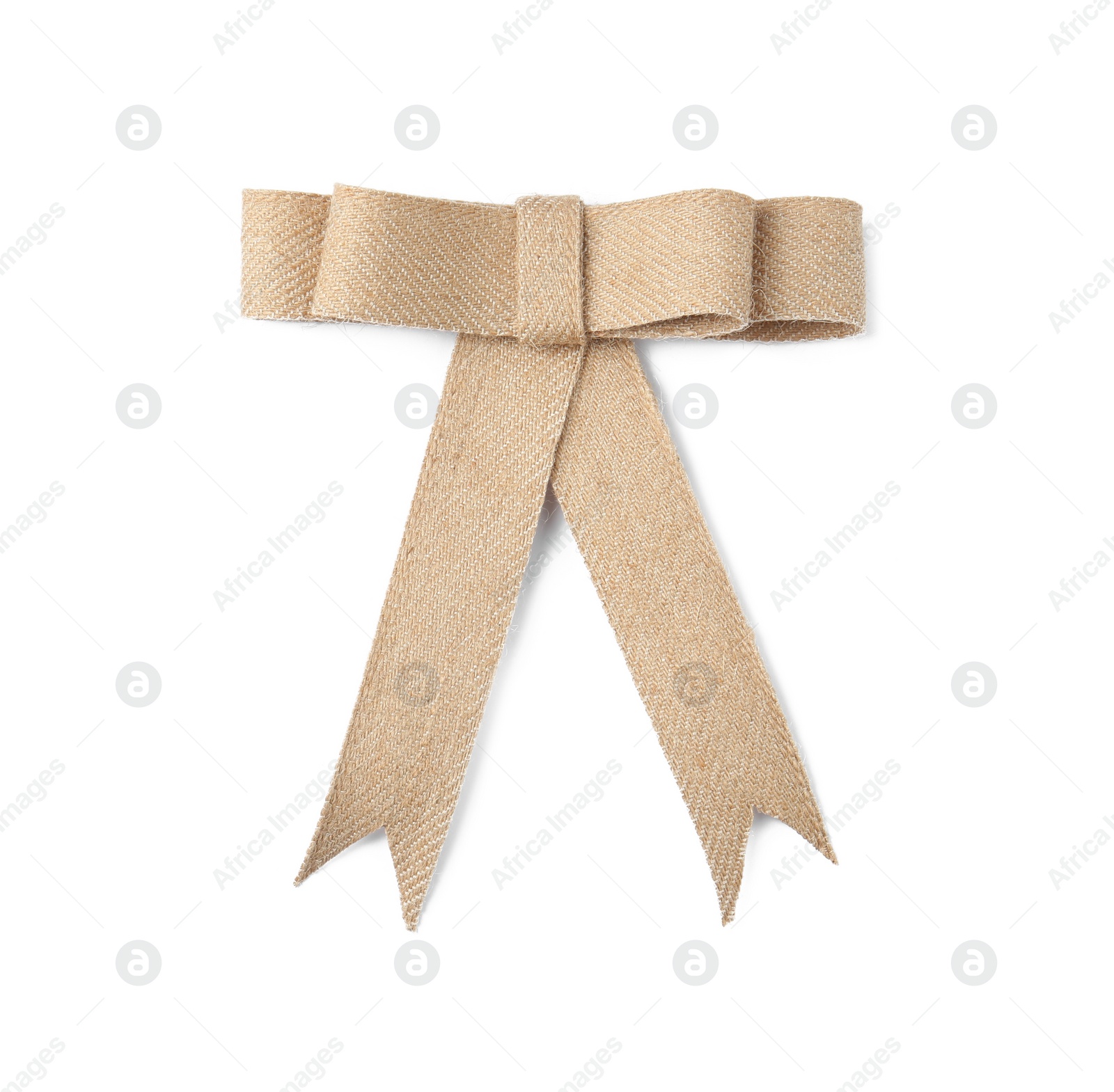 Photo of Beautiful burlap bow isolated on white, top view