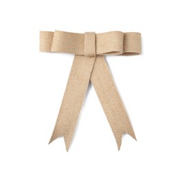 Photo of Beautiful burlap bow isolated on white, top view