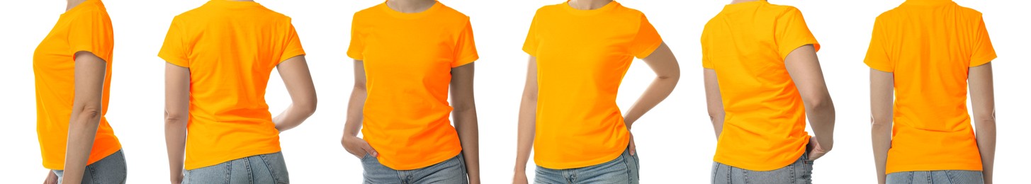 Image of Collage with photos of woman wearing t-shirt on white background, closeup. Banner design