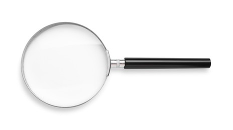 Photo of Magnifying glass with handle isolated on white, top view