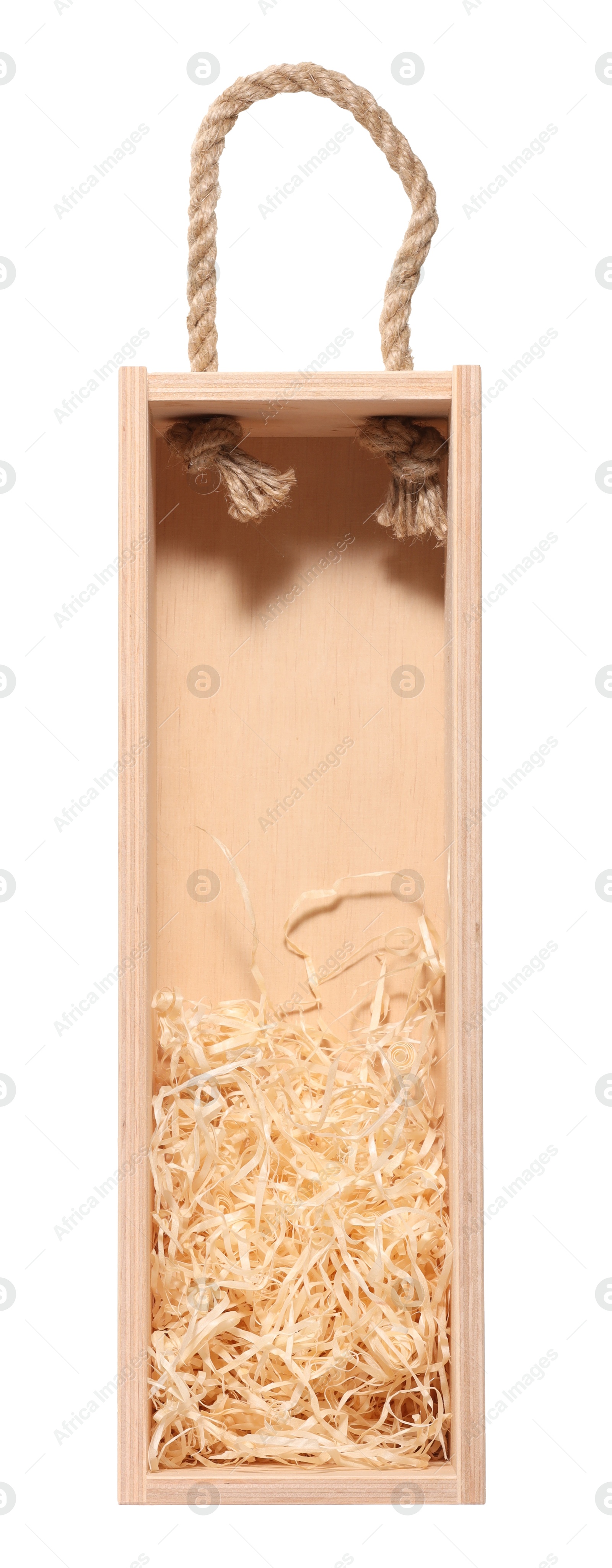 Photo of Open wooden wine box with straw isolated on white