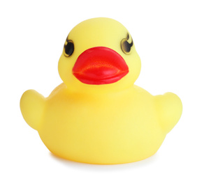 Adorable yellow toy duck isolated on white