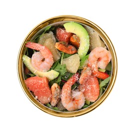 Photo of Delicious pomelo salad with shrimps and avocado isolated on white, top view