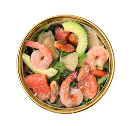 Delicious pomelo salad with shrimps and avocado isolated on white, top view