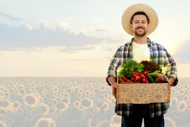 Double exposure of happy farmer and sunflower field. Space for text