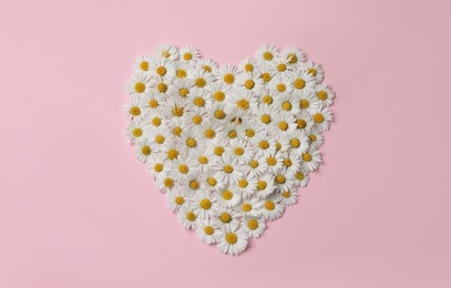 Photo of Heart of daisy flowers on pink background, top view
