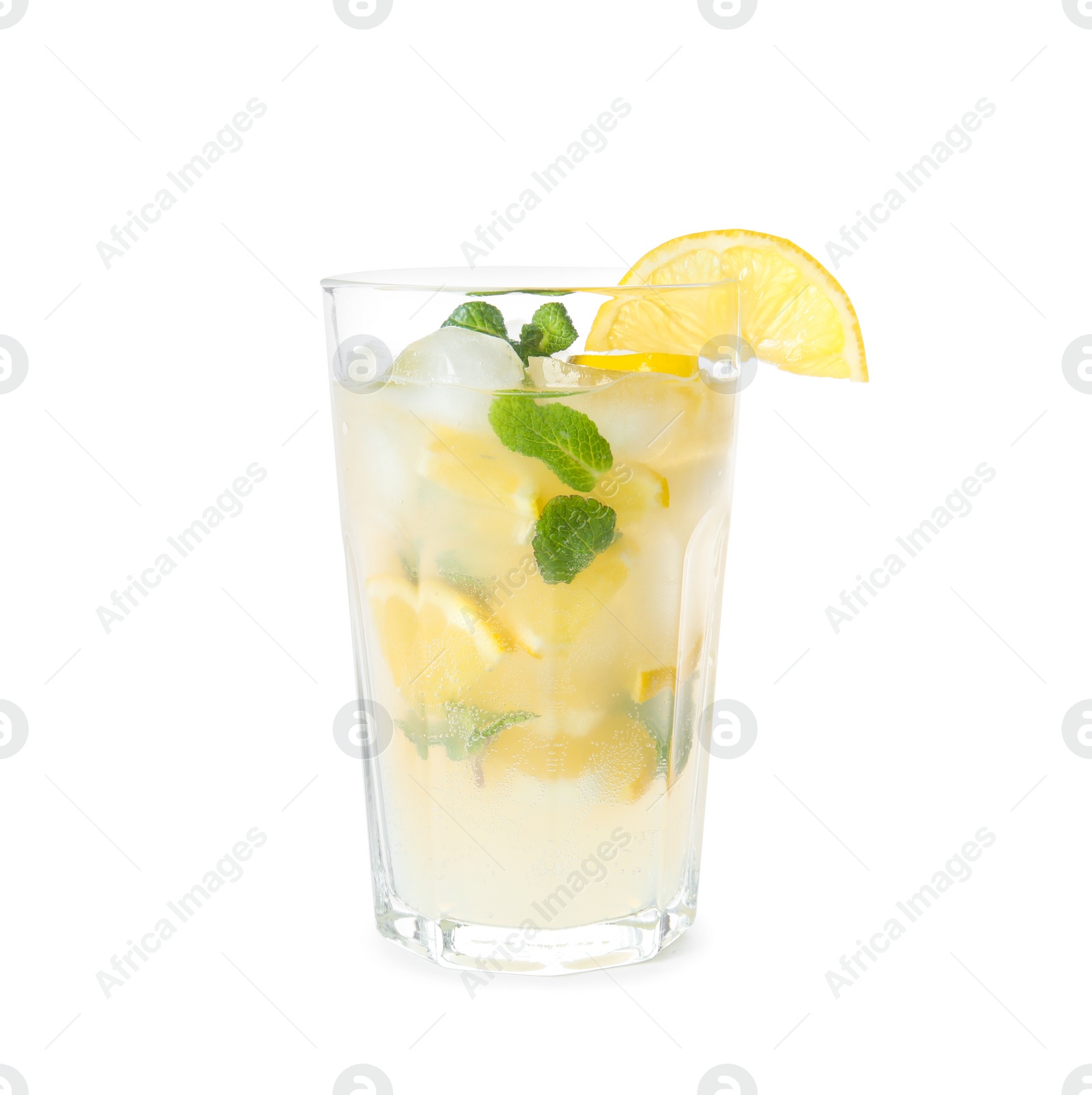 Photo of Refreshing lemonade with ice and mint in glass on white background