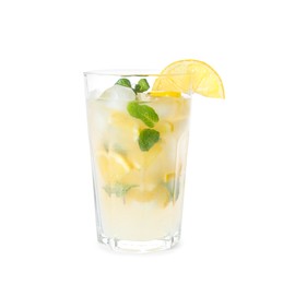Photo of Refreshing lemonade with ice and mint in glass on white background