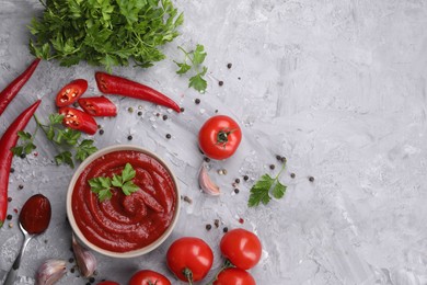 Photo of Flat lay composition with organic ketchup in bowl on grey textured table, space for text. Tomato sauce