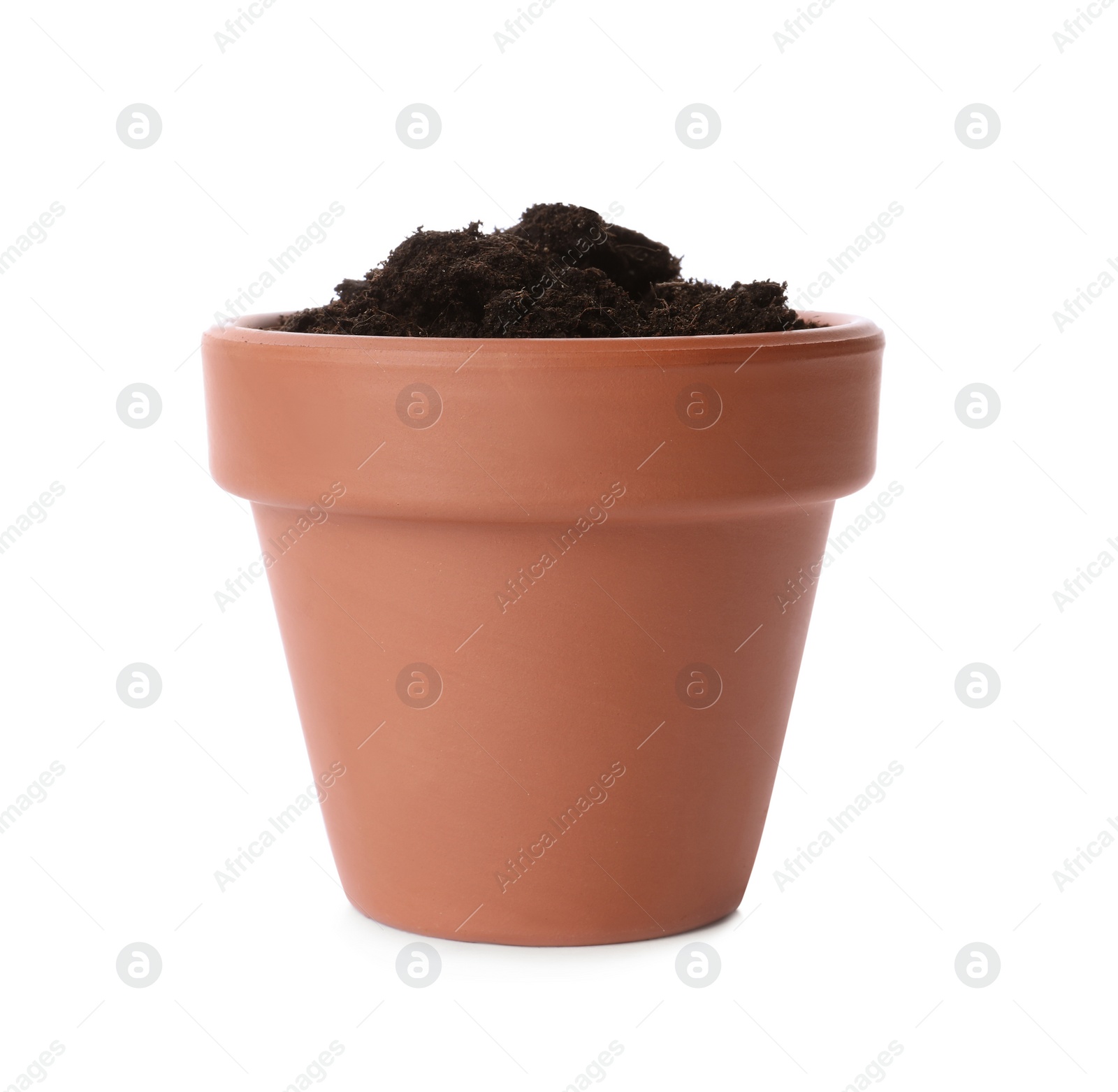 Photo of Stylish terracotta flower pot with soil isolated on white