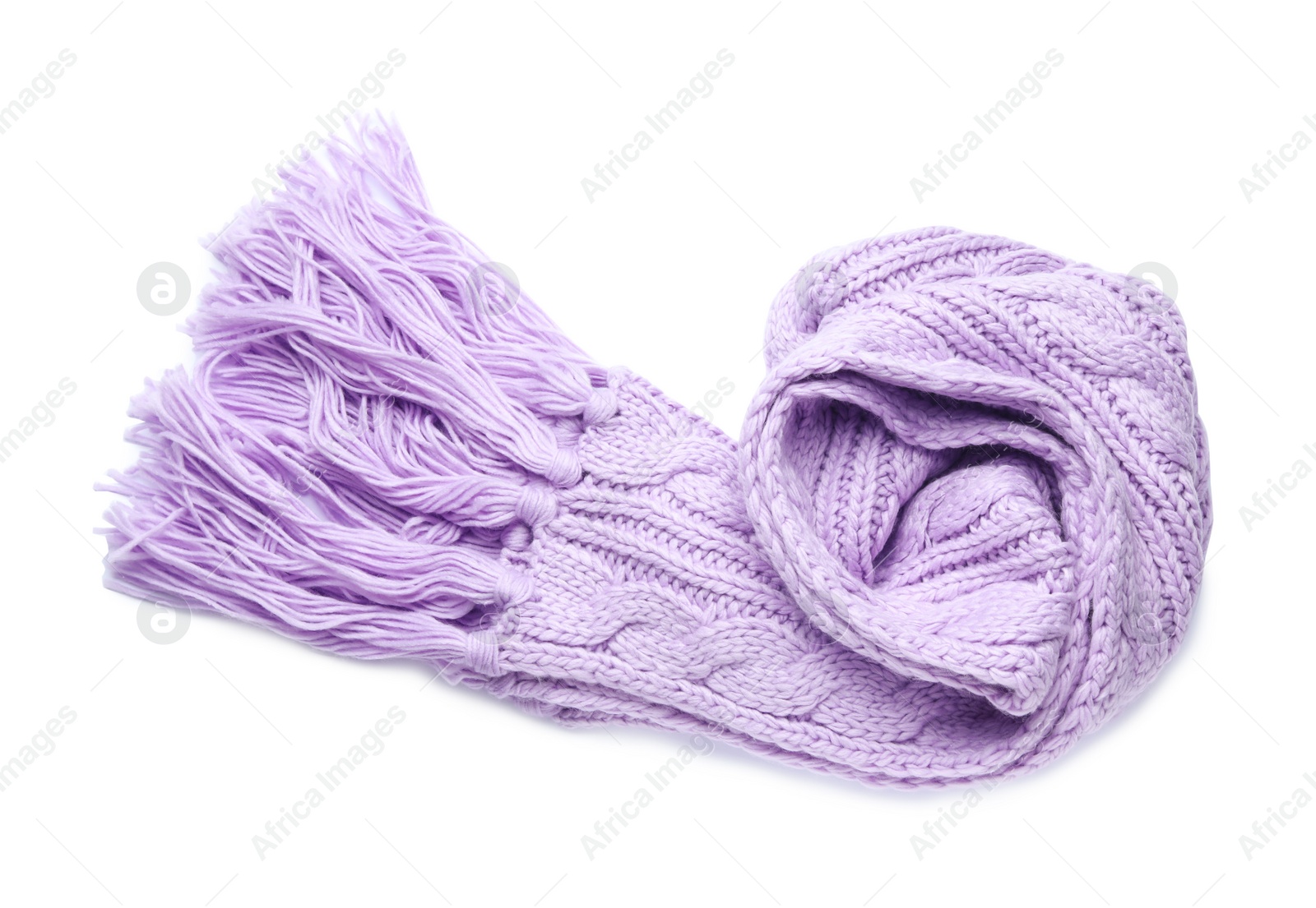 Photo of Violet knitted scarf isolated on white, top view