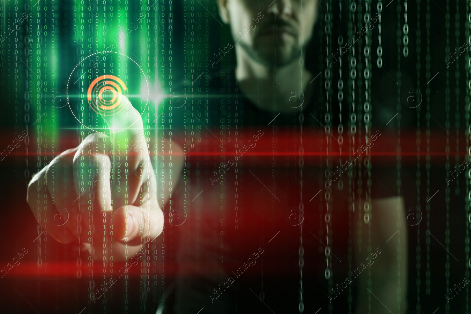 Image of Man near virtual screen with digital code on dark background, closeup. Cyber attack concept