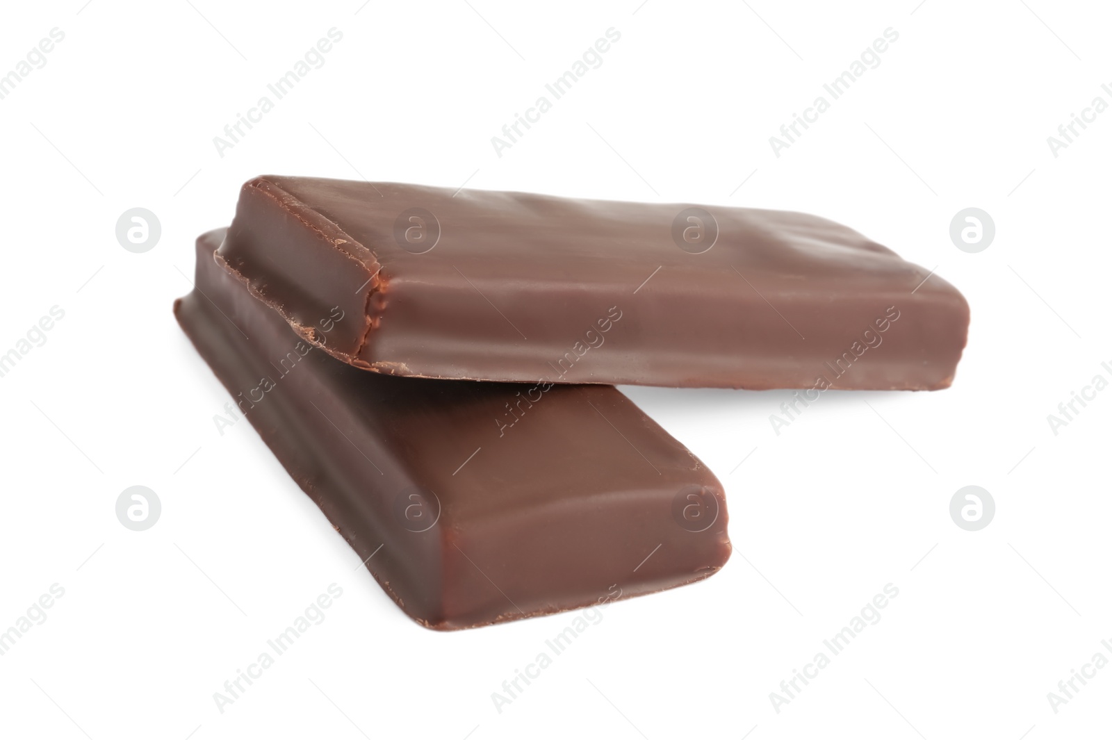 Photo of Tasty chocolate glazed protein bars on white background. Healthy snack