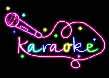 Glowing neon sign with word Karaoke and microphone on black background