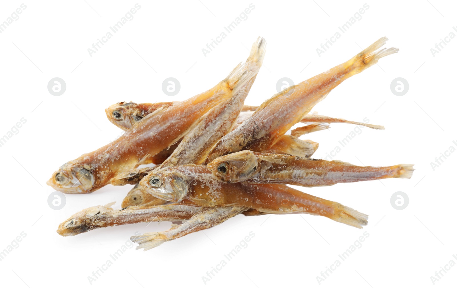 Photo of Delicious dried salted anchovies on white background