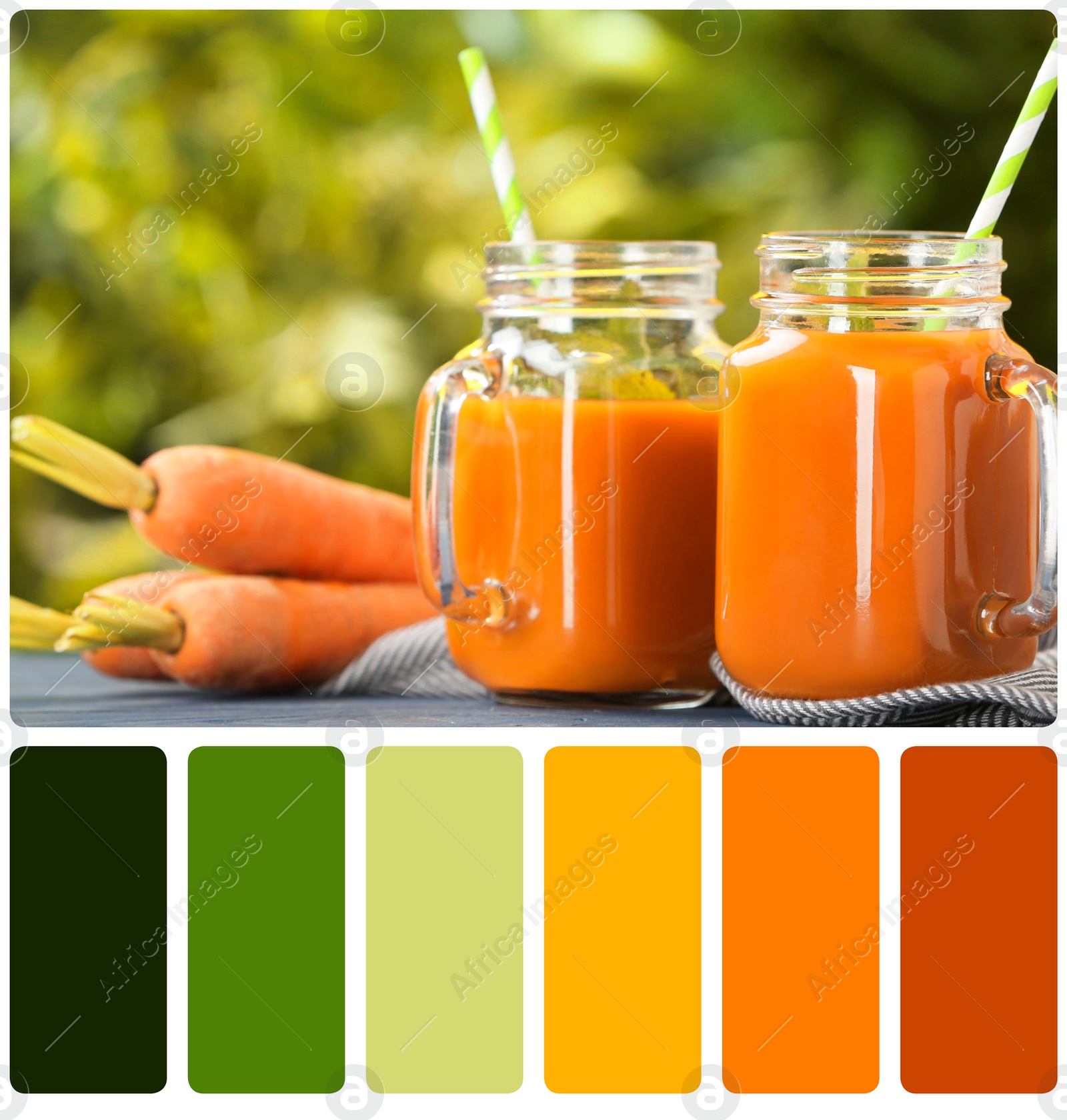 Image of Color matching palette. Mason jars of tasty juice and carrots on table against blurred background