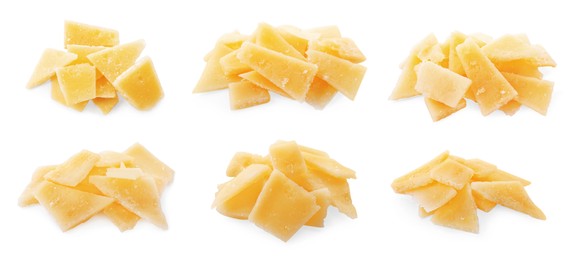 Image of Set with delicious parmesan cheese on white background. Banner design