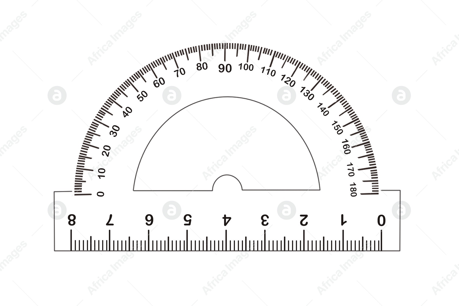 Image of Protractor with measuring length and degrees markings on white background. Illustration