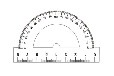 Image of Protractor with measuring length and degrees markings on white background. Illustration
