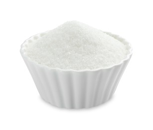 Photo of Granulated sugar in bowl isolated on white