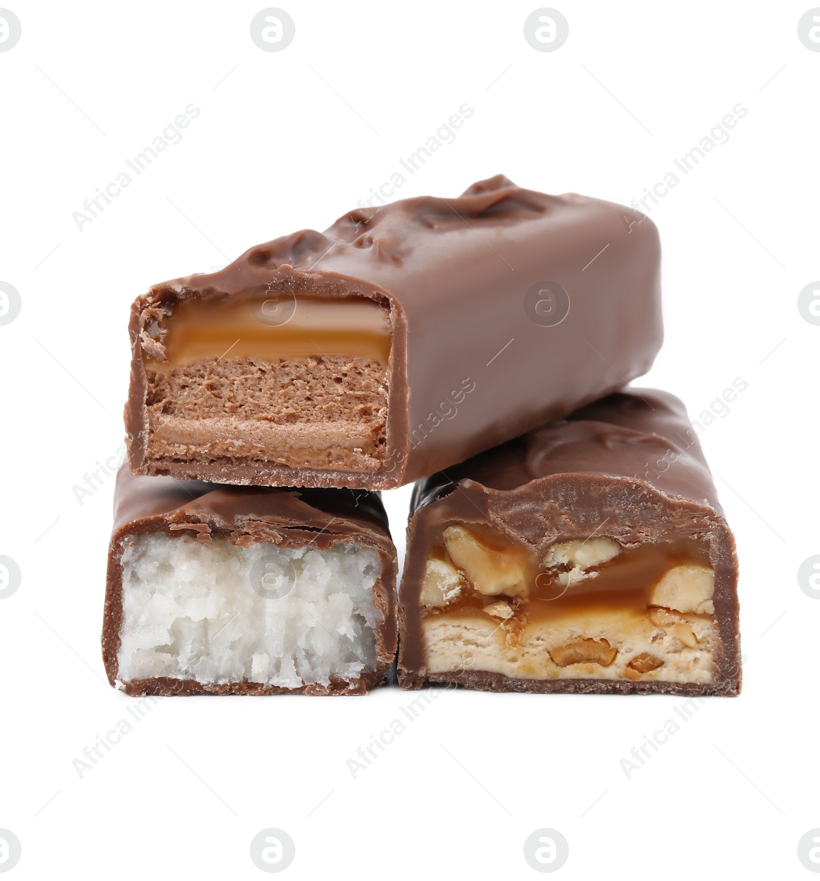 Photo of Pieces of different tasty chocolate bars on white background