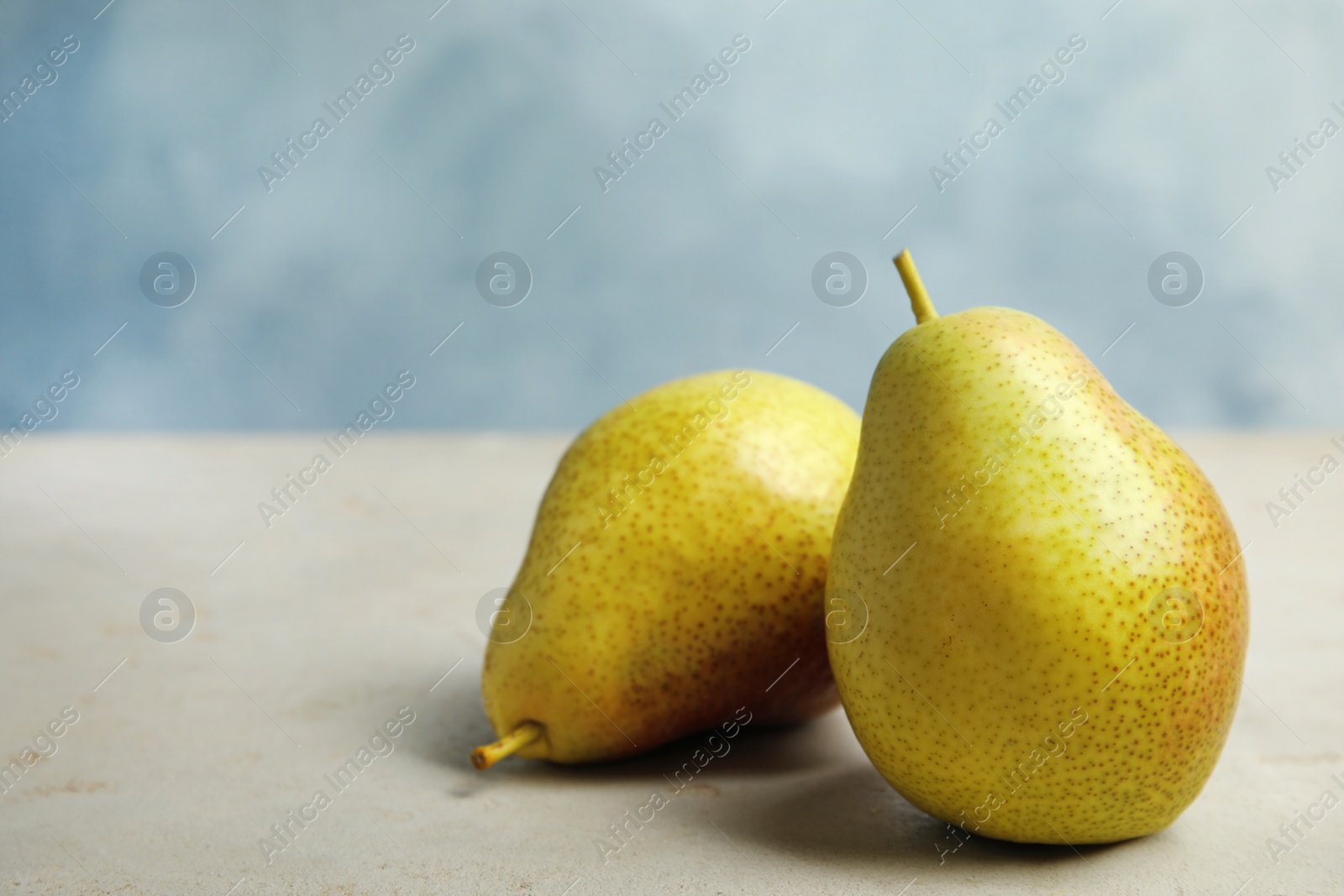 Photo of Ripe juicy pears on grey stone table against blue background. Space for text