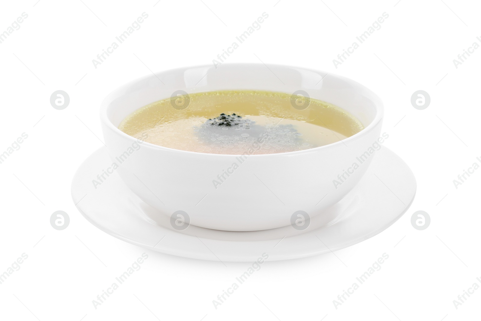 Photo of Tasty soup in bowl isolated on white