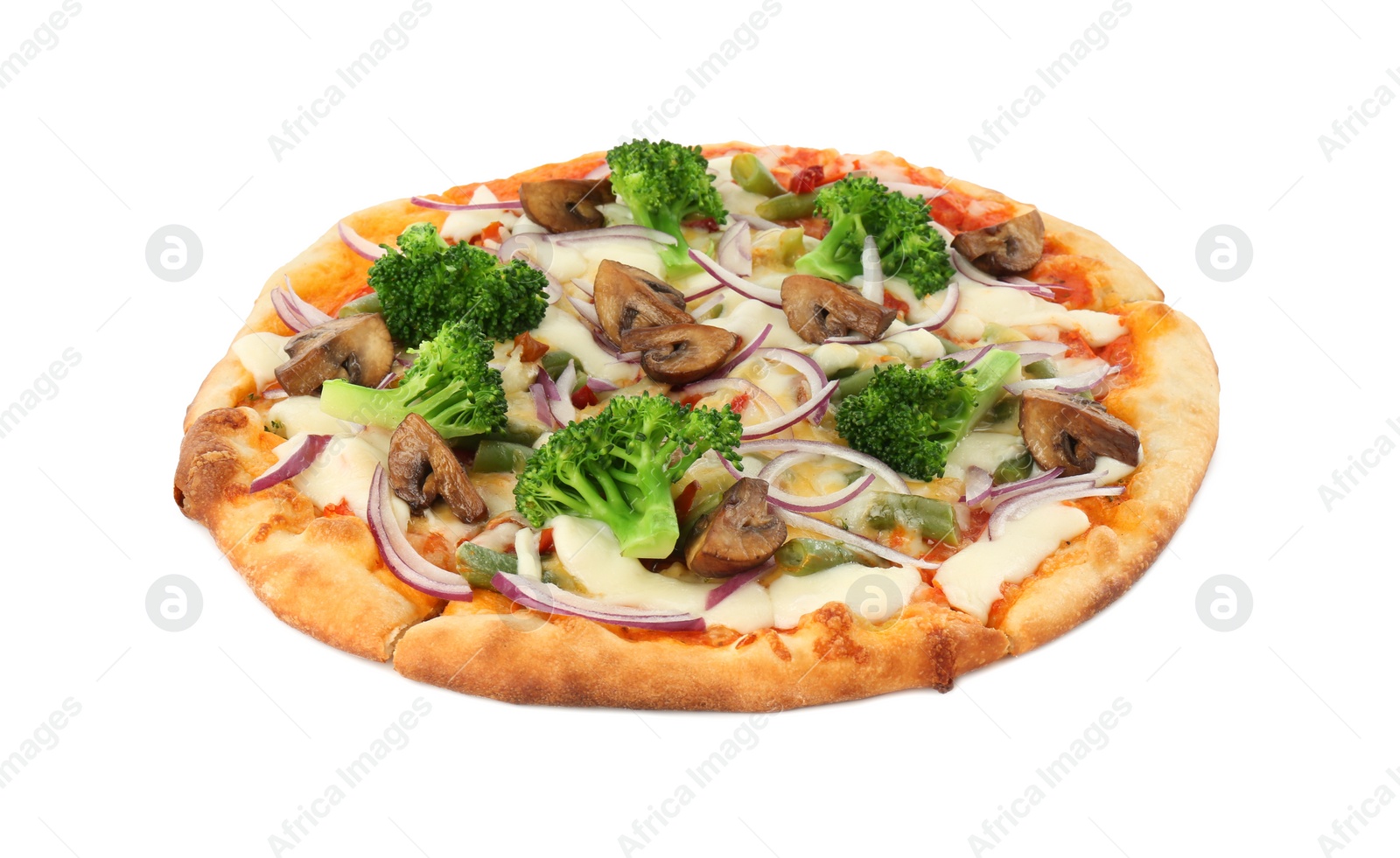 Photo of Delicious vegetarian pizza with mushrooms isolated on white