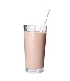 Photo of Glass with tasty chocolate milk on white background. Dairy drink