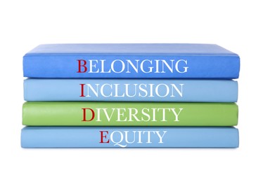 Image of Stack of colorful books with words Belonging, Diversity, Equity, Inclusion on white background