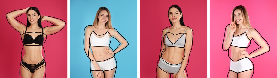 Collage with photos of slim young women wearing beautiful underwear on different color backgrounds, banner design. Illustrations of lines around ladies before weight loss