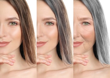 Natural aging, comparison. Woman in different ages on white background, closeup