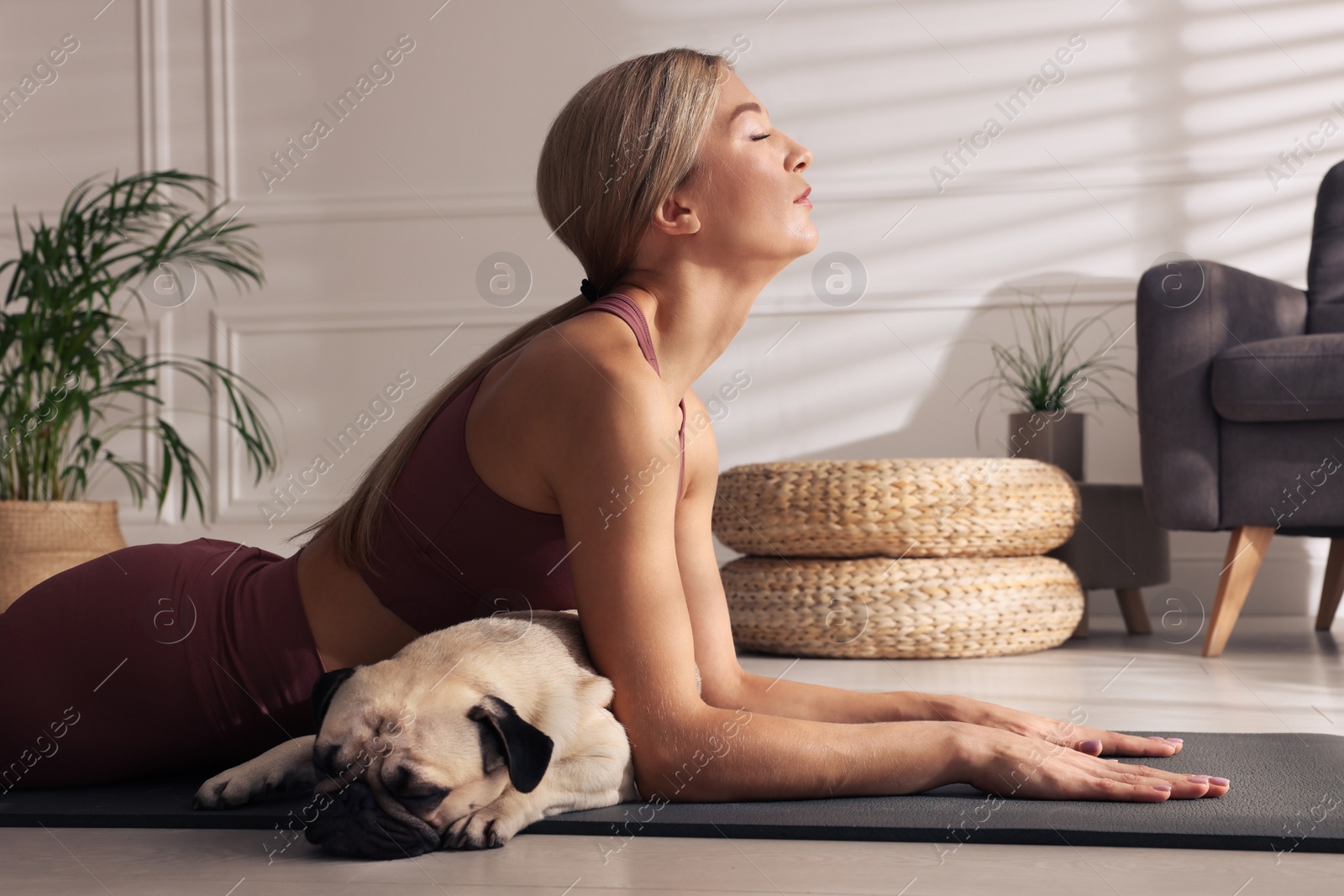 Photo of Beautiful woman with dog practicing yoga at home