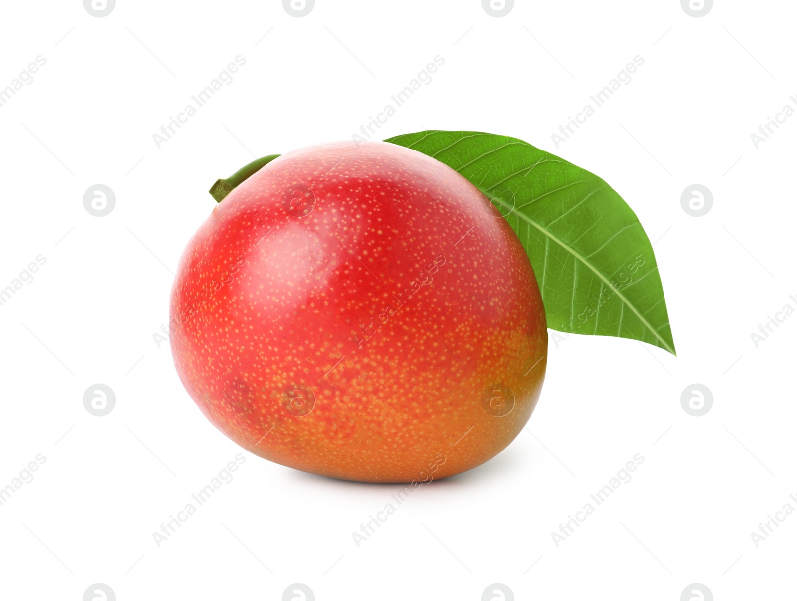 Photo of Fresh ripe mango with green leaf isolated on white. Exotic fruits