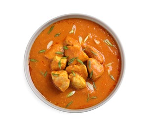 Photo of Bowl of delicious chicken curry on white background, top view