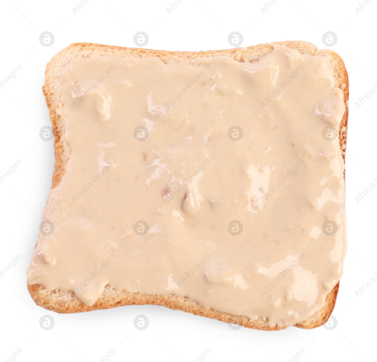 Photo of Toast with tasty nut butter isolated on white, top view