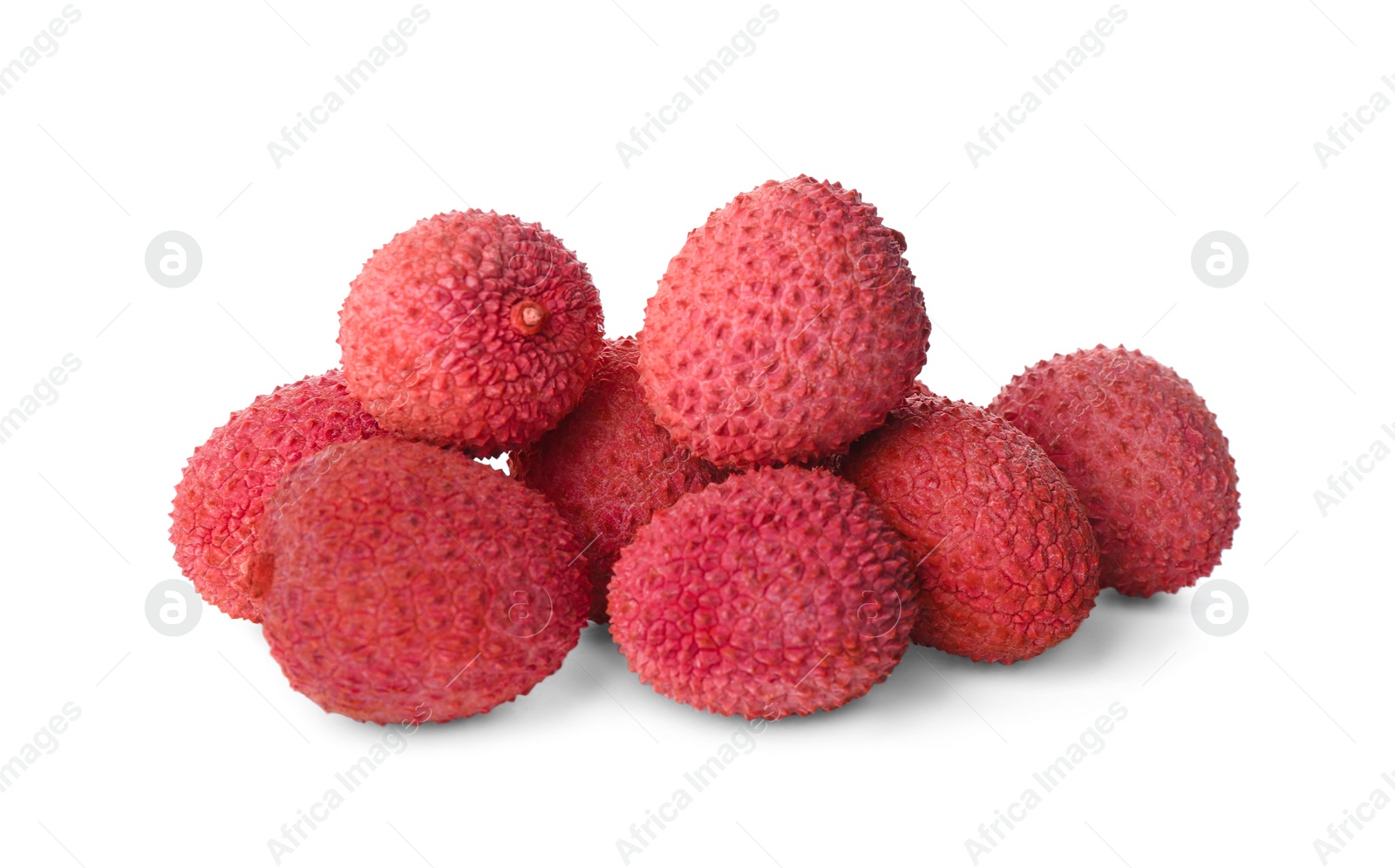 Photo of Pile of fresh ripe lychees on white background