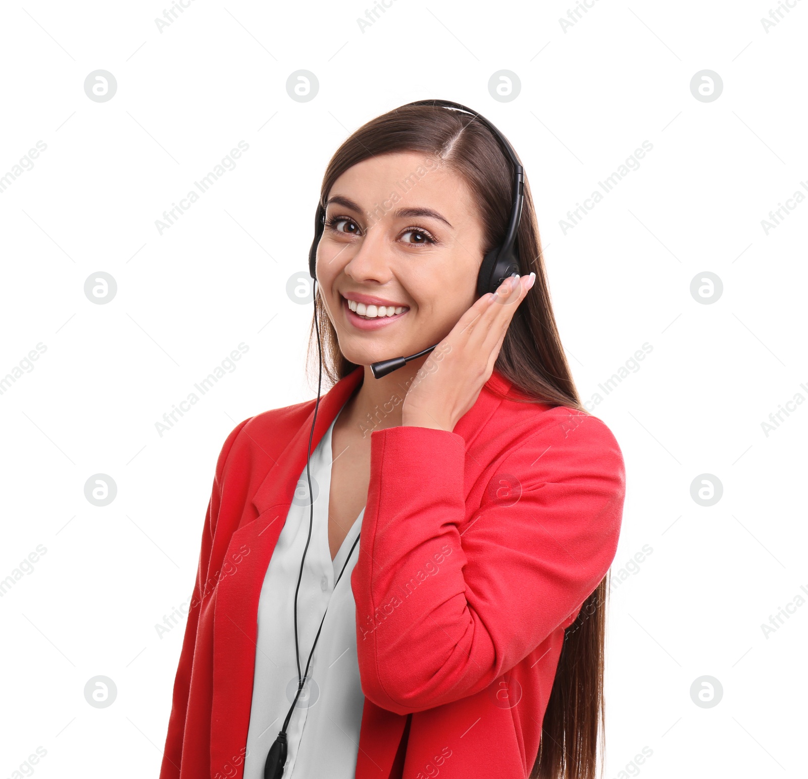 Photo of Young woman talking by phone through headset on white background