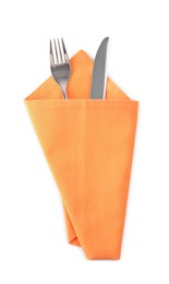 Photo of Orange napkin with silver fork and knife isolated on white, top view. Cutlery set