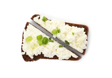 Photo of Bread with cottage cheese and green onion on white background, top view